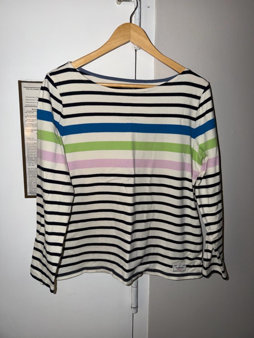 Talbots White Boatneck Top with Black, Blue, Green & Pink Stripes